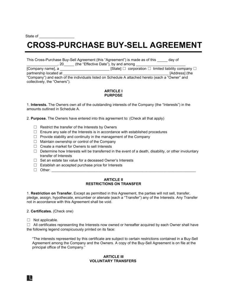 Free CrossPurchase BuySell Agreement PDF & Word Downloads