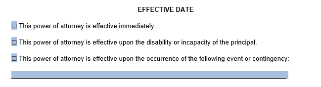 An example of where to include effective date information in our DPOA template. 