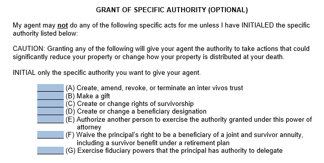 An example of the Grant of Specific Authority section in our durable power of attorney template. 