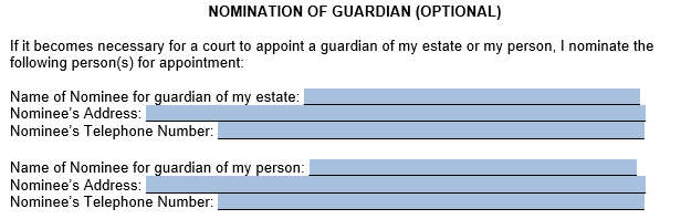 An example of the Nomination of Guardian section in our DPOA template. 