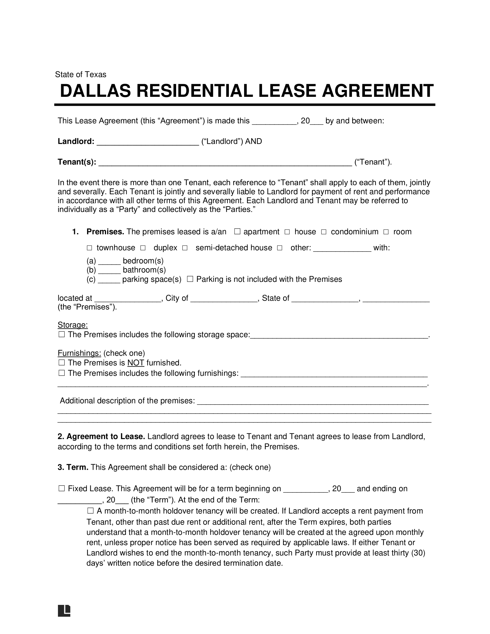Dallas Residential Lease Agreement Template