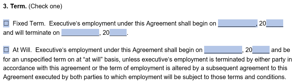 An example of where to include the date of employment in our executive employment agreement template.