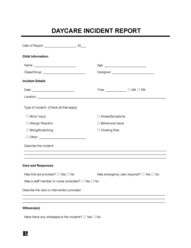 Daycare Incident Report template
