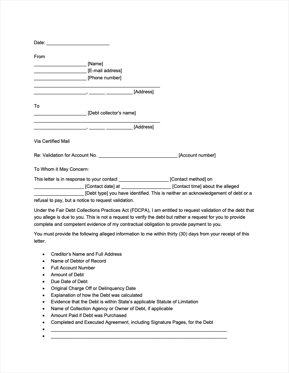 Free Debt Validation Letter Template PDF Word