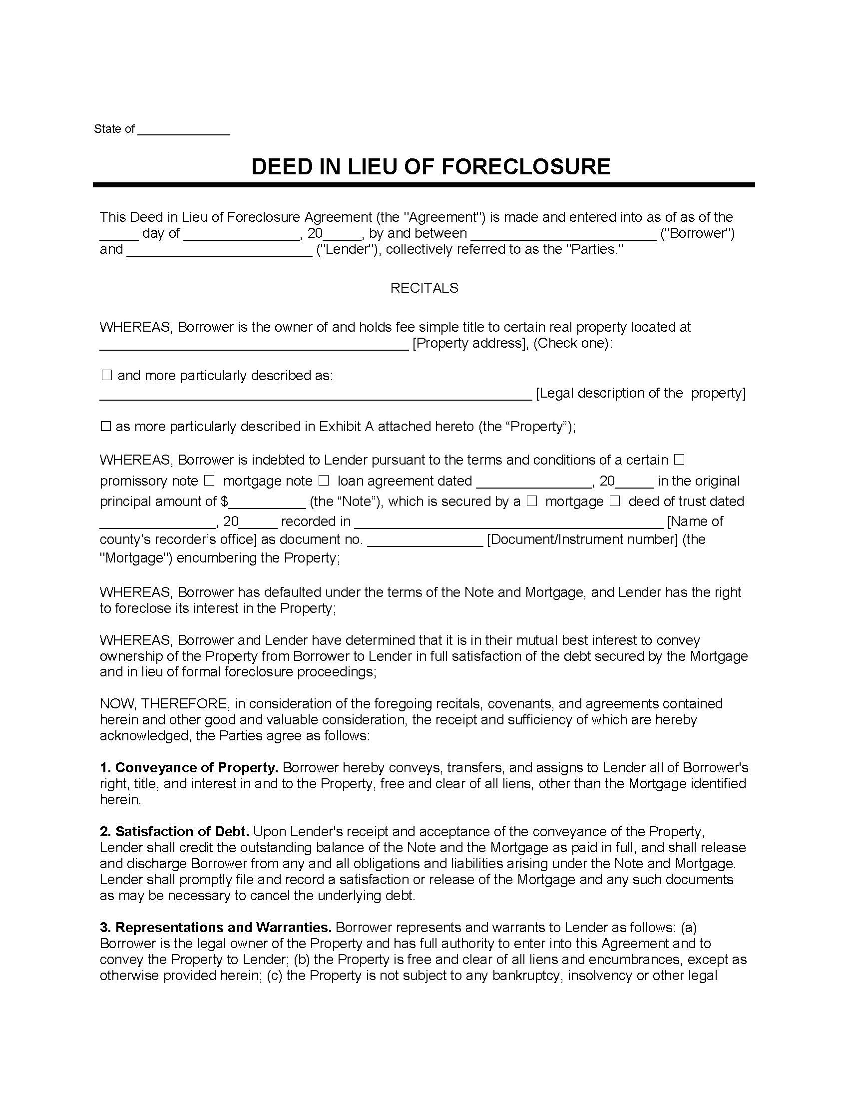 Deed in Lieu of Foreclosure Template