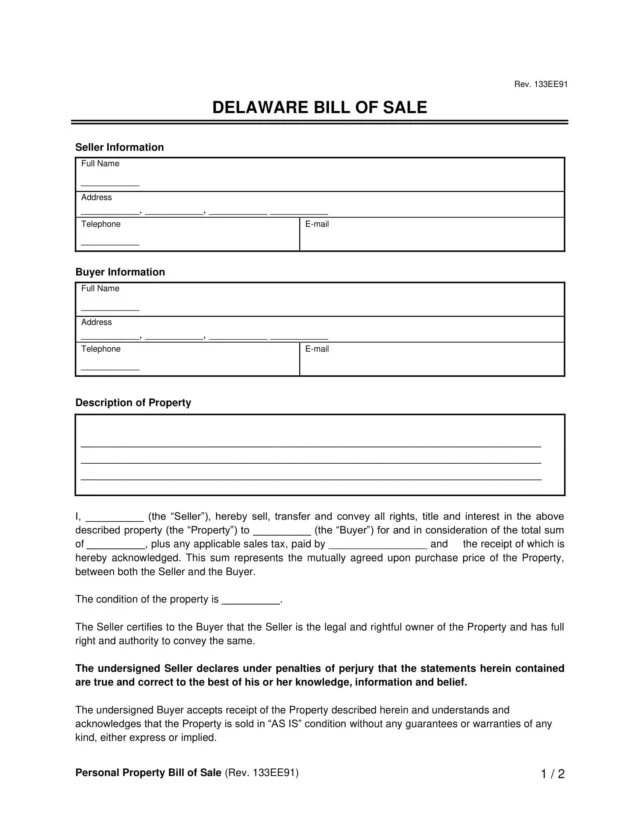 Delaware bill of sale screenshot
