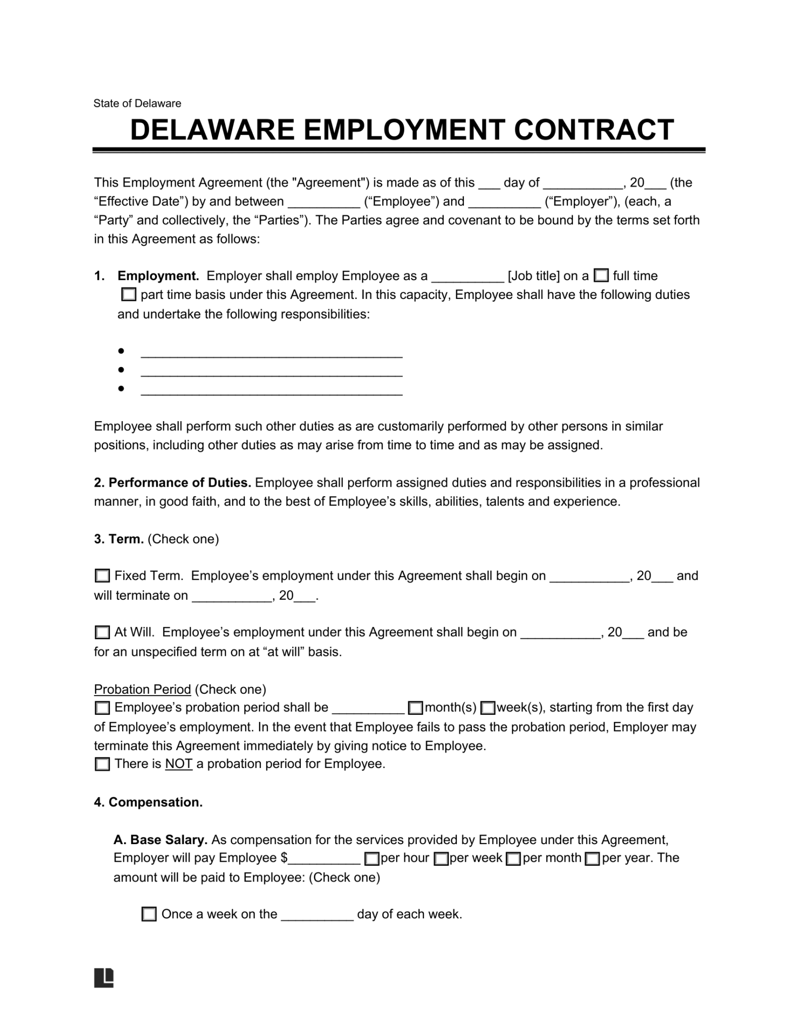 Free Delaware Employment Contract Templates PDF Word
