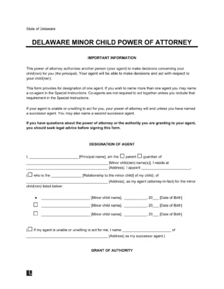 Delaware Minor Child Power of Attorney Form