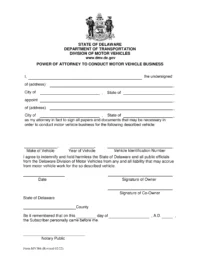 Delaware Motor Vehicle Power of Attorney Form