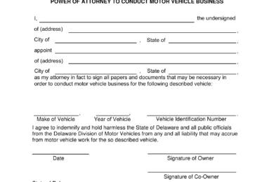 Delaware Motor Vehicle Power of Attorney Form