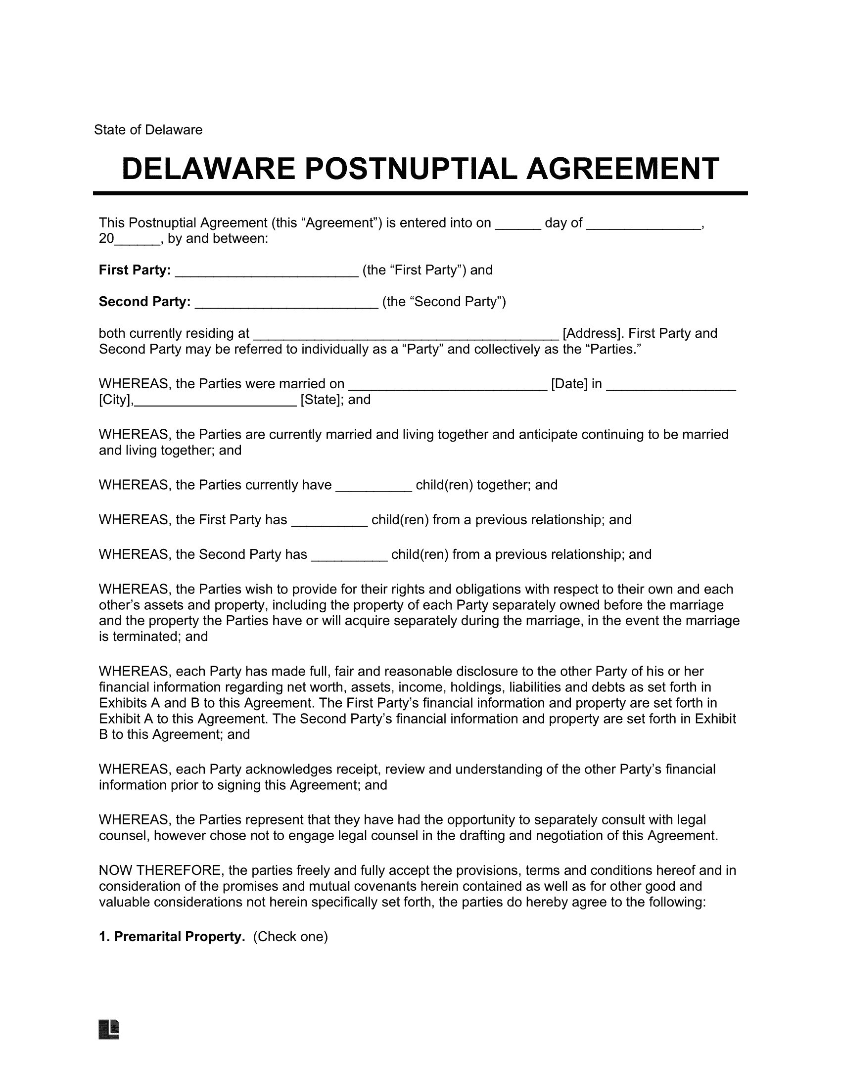Delaware Postnuptial Agreement Template