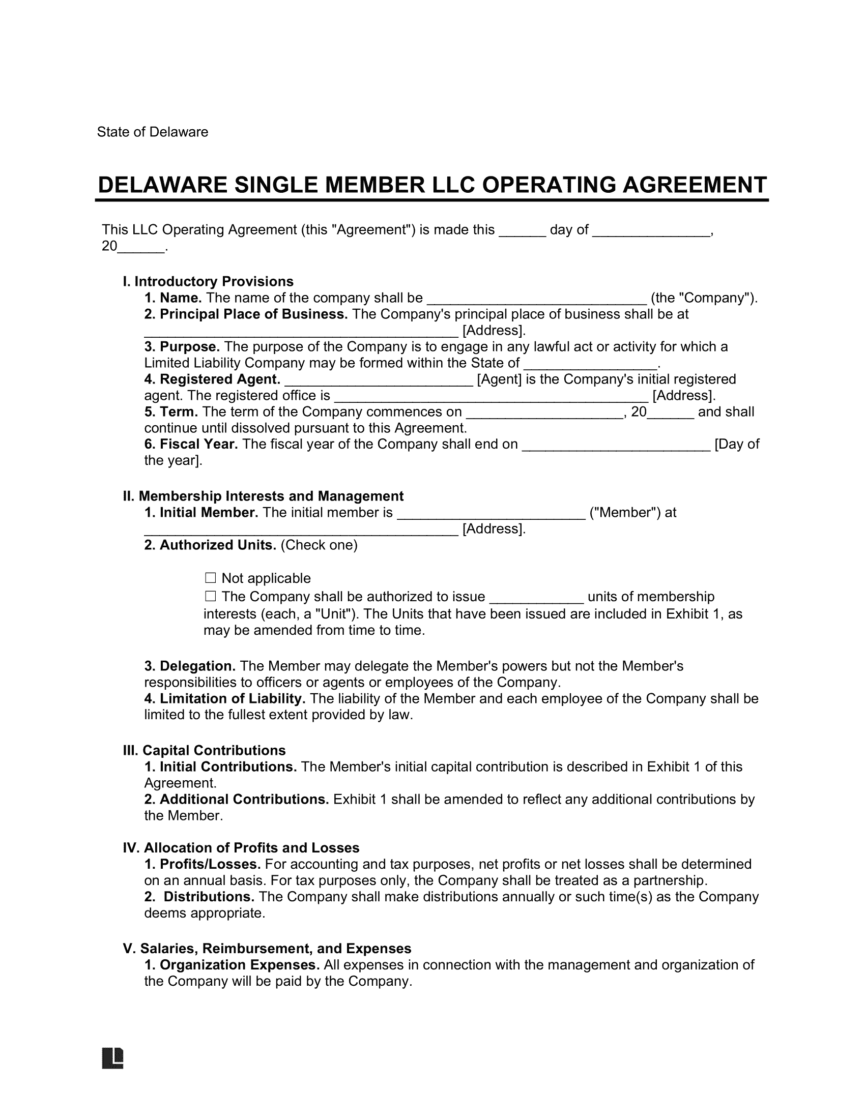 Delaware Single Member LLC Operating Agreement Form