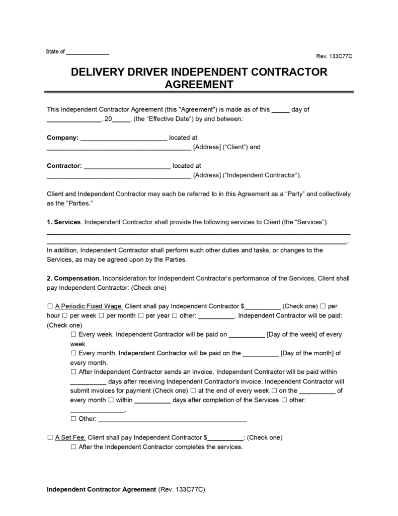 Free Delivery Driver Independent Contractor Agreement Template | PDF & Word