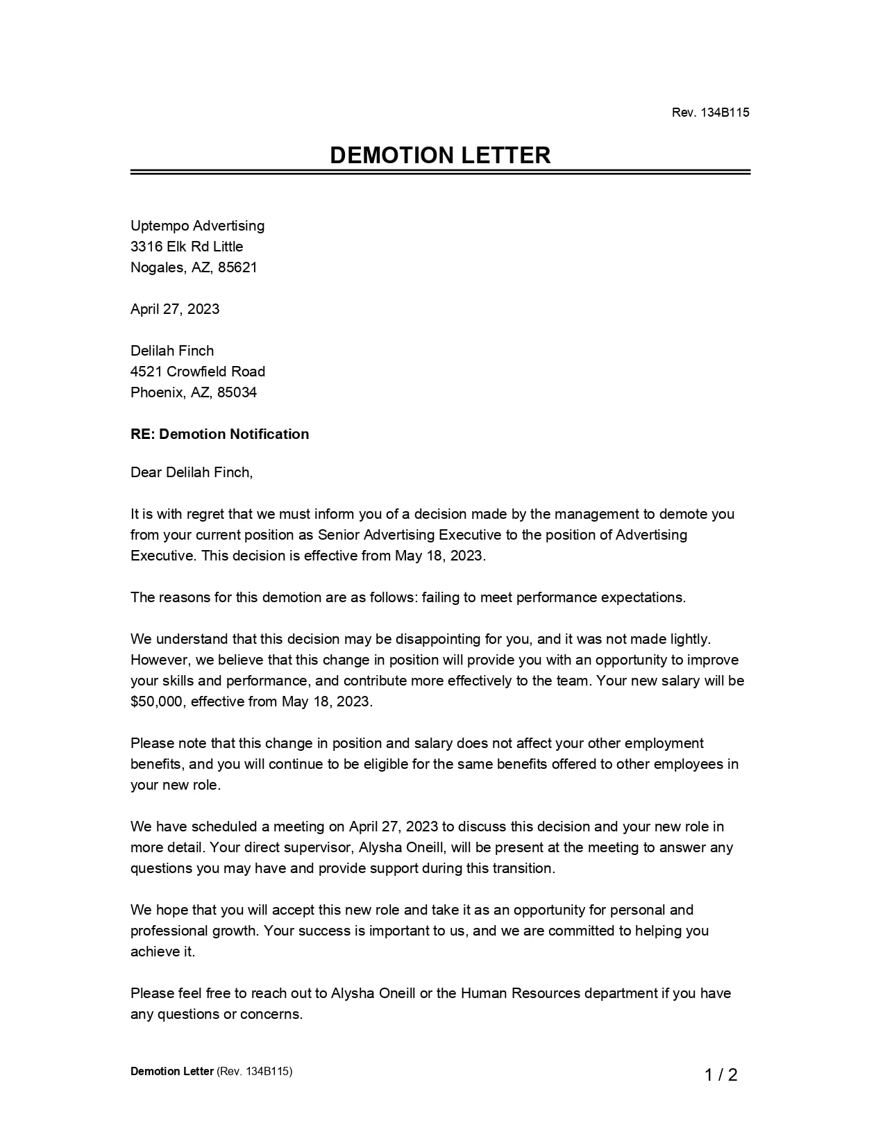 Demotion Letter example page 1