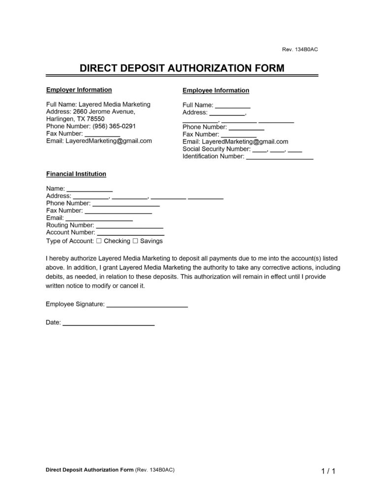Direct Deposit Authorization example