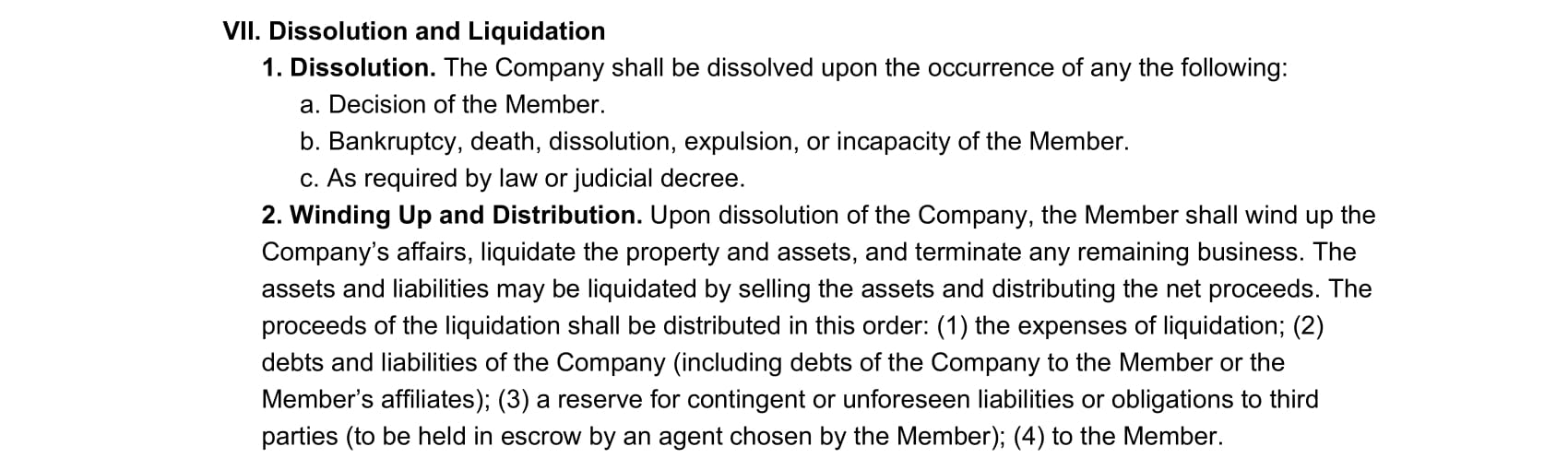 An example of where to outline dissolution details in our single-member LLC OA template.