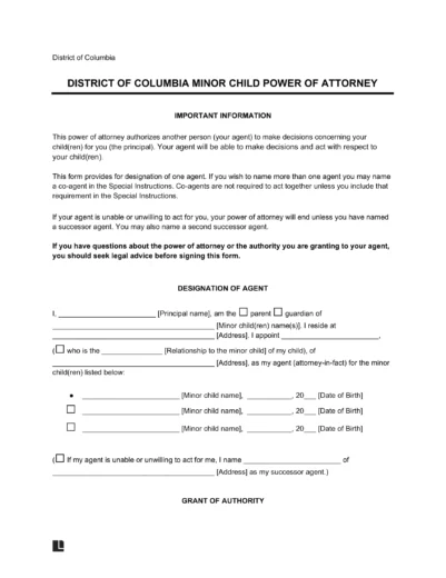 District of Columbia Minor Child Power of Attorney Form