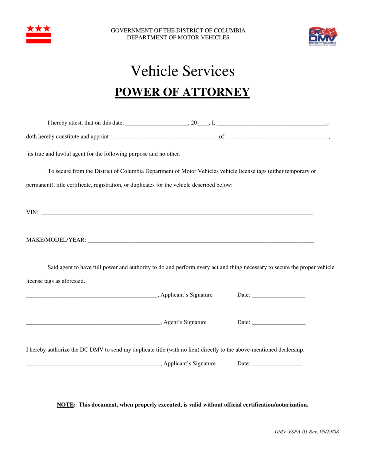 Free Washington, DC Motor Vehicle Power of Attorney | Form DMV-VSPA-01 ...