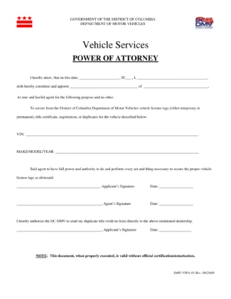 District of Columbia Motor Vehicle Power of Attorney Form