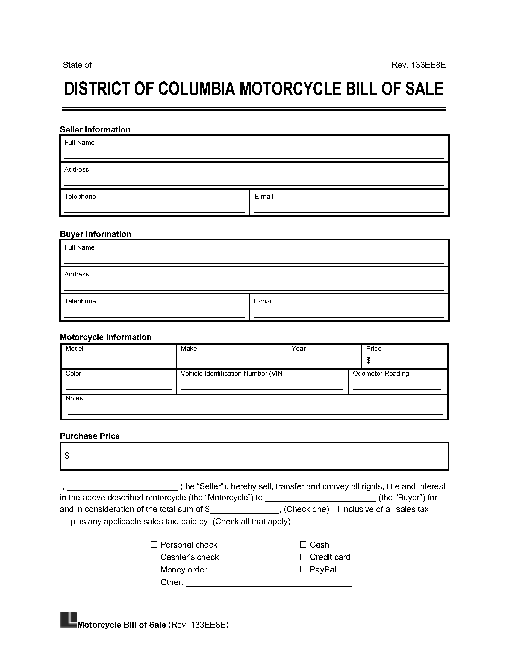 washington, dc motorcycle bill of sale