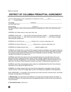 District of Columbia Prenuptial Agreement Template