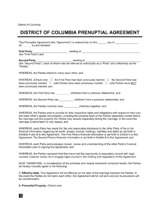 District of Columbia Prenuptial Agreement Template