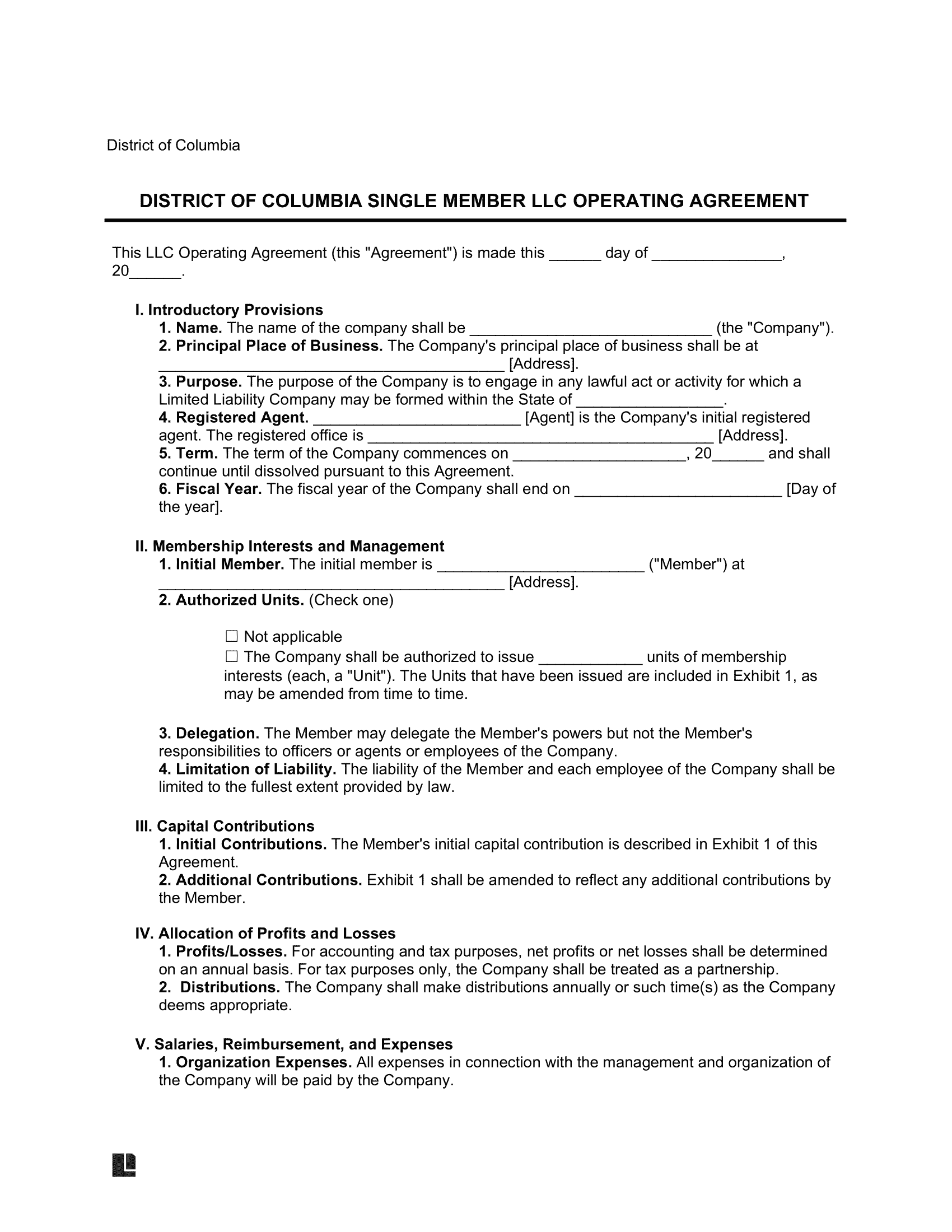 District of Columbia Single Member LLC Operating Agreement Form