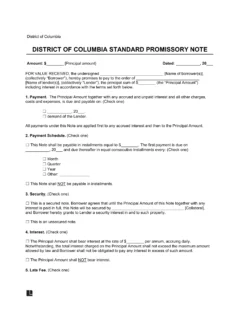 District of Columbia Standard Promissory Note Template
