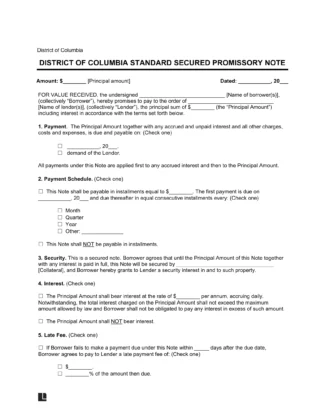 District of Columbia Standard Secured Promissory Note Template