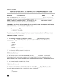 District of Columbia Standard Unsecured Promissory Note Template