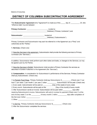 District of Columbia Subcontractor Agreement Template