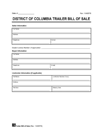 District of Columbia Trailer Bill of Sale Template