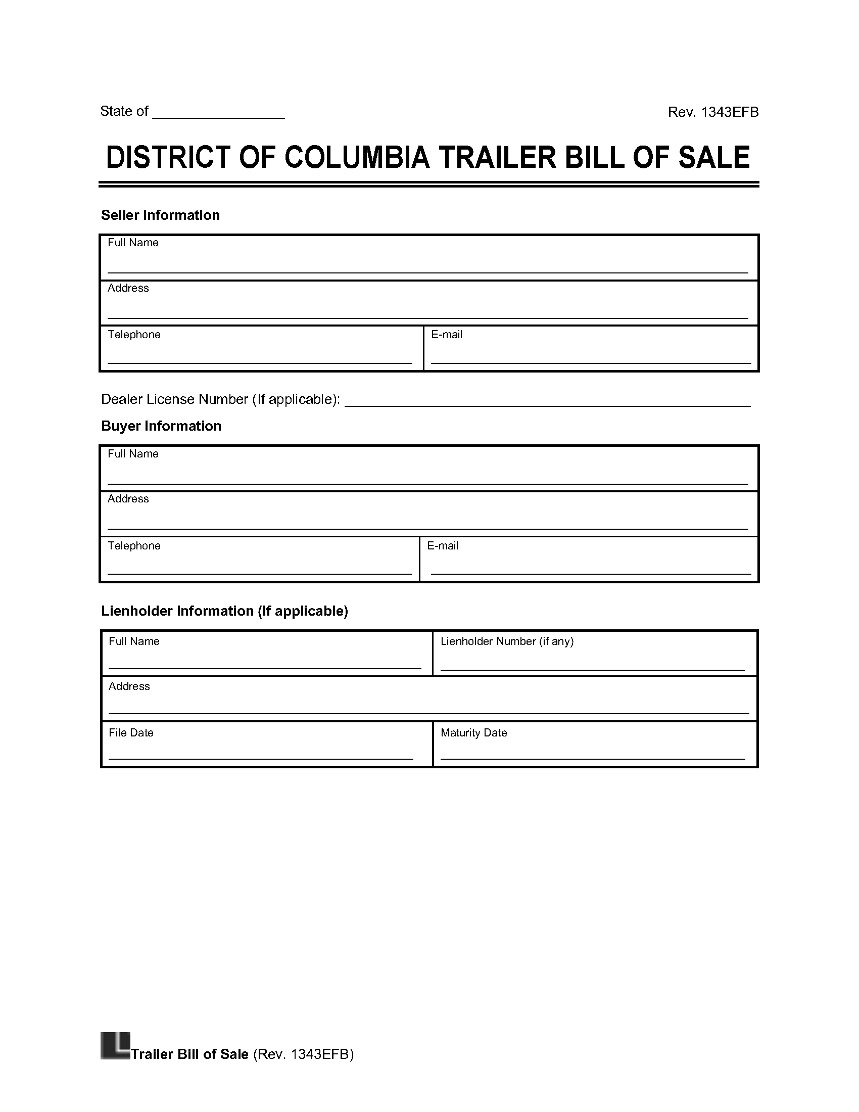 District of Columbia Trailer Bill of Sale screenshot