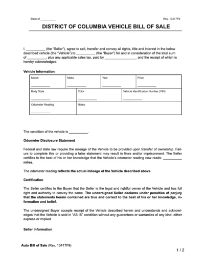 District of Columbia vehicle bill of sale
