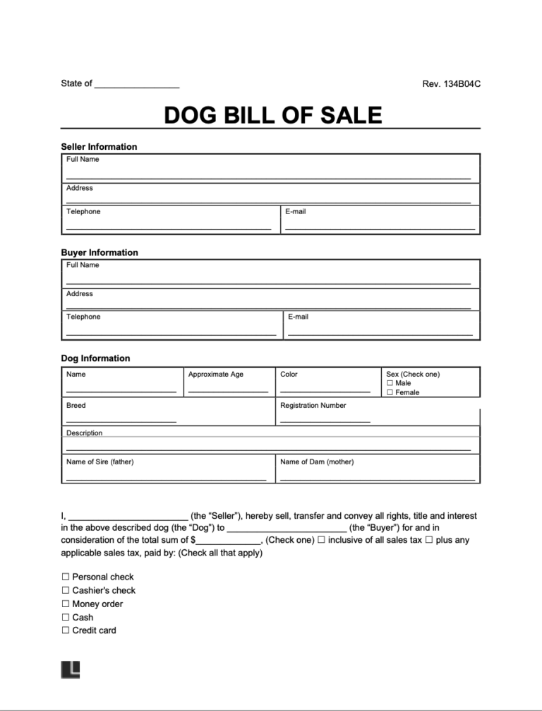 Free Dog/Puppy Bill of Sale Template PDF & Word