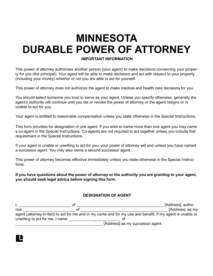 Minnesota Durable Power of Attorney Form