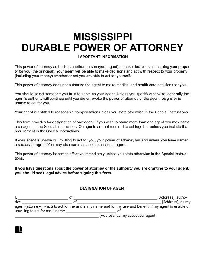 Mississippi Durable Power of Attorney form