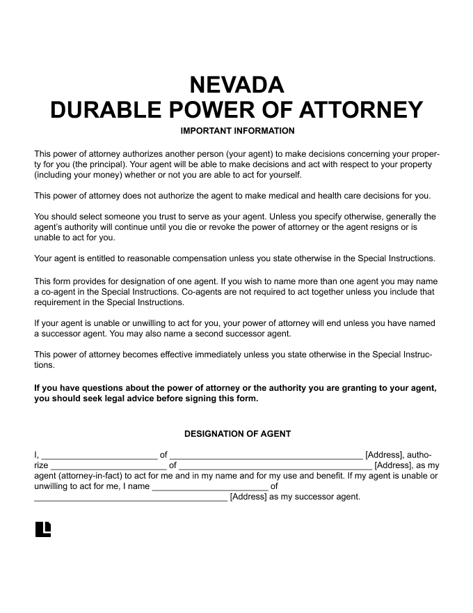 Free Nevada Power Of Attorney Forms PDF Word Downloads