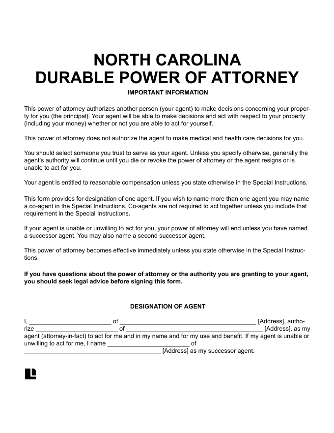 North Carolina Durable Power Of Attorney Form PDF Word