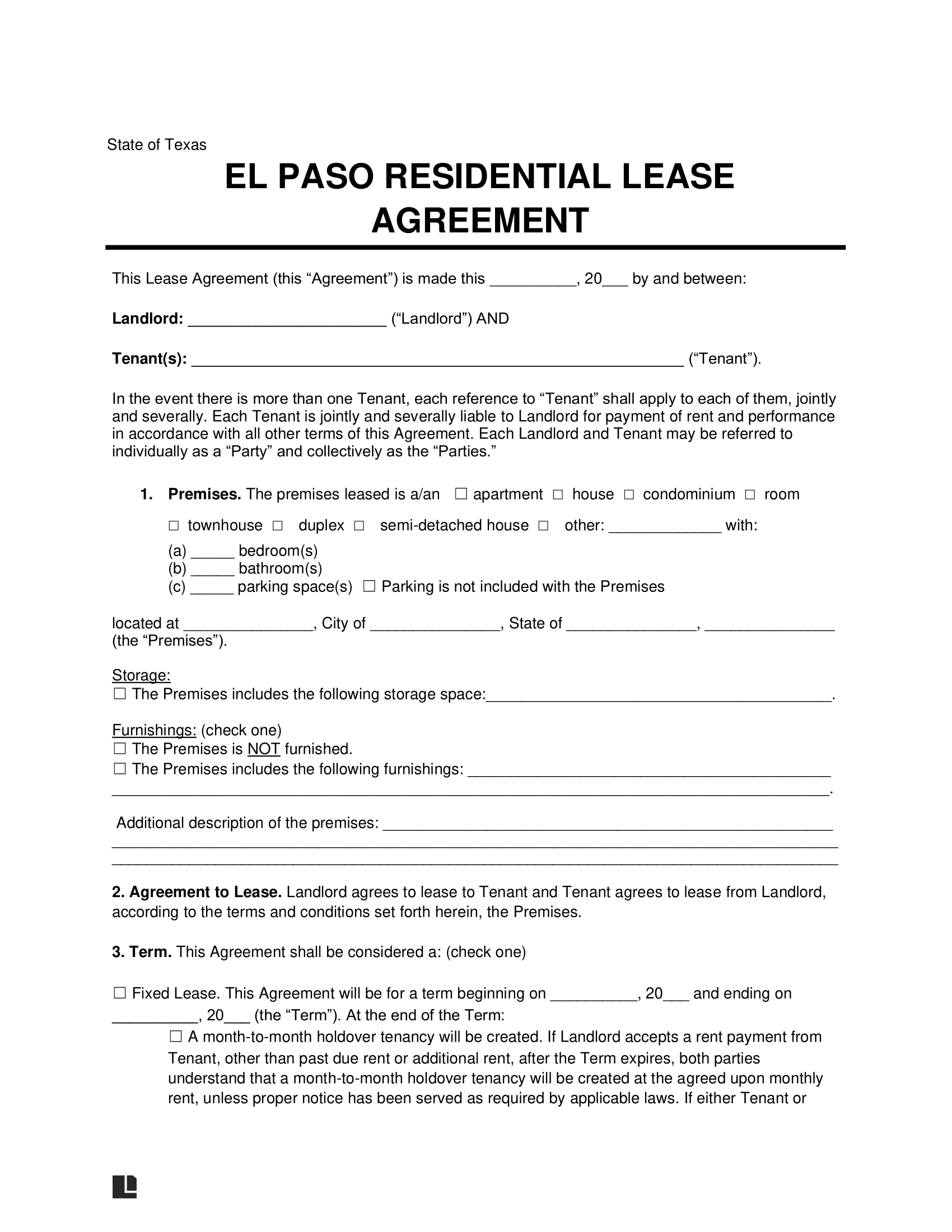 El Paso Residential Lease Agreement Template