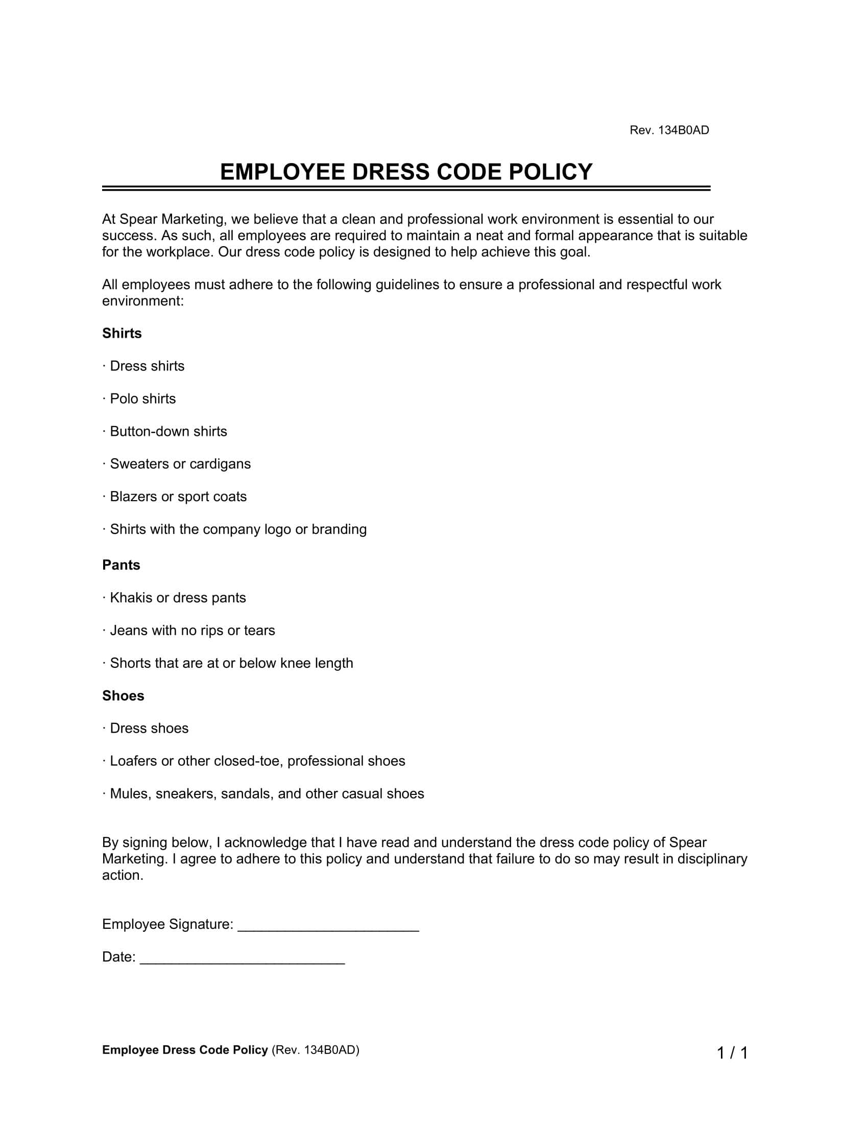 Employee Dress Code Policy example