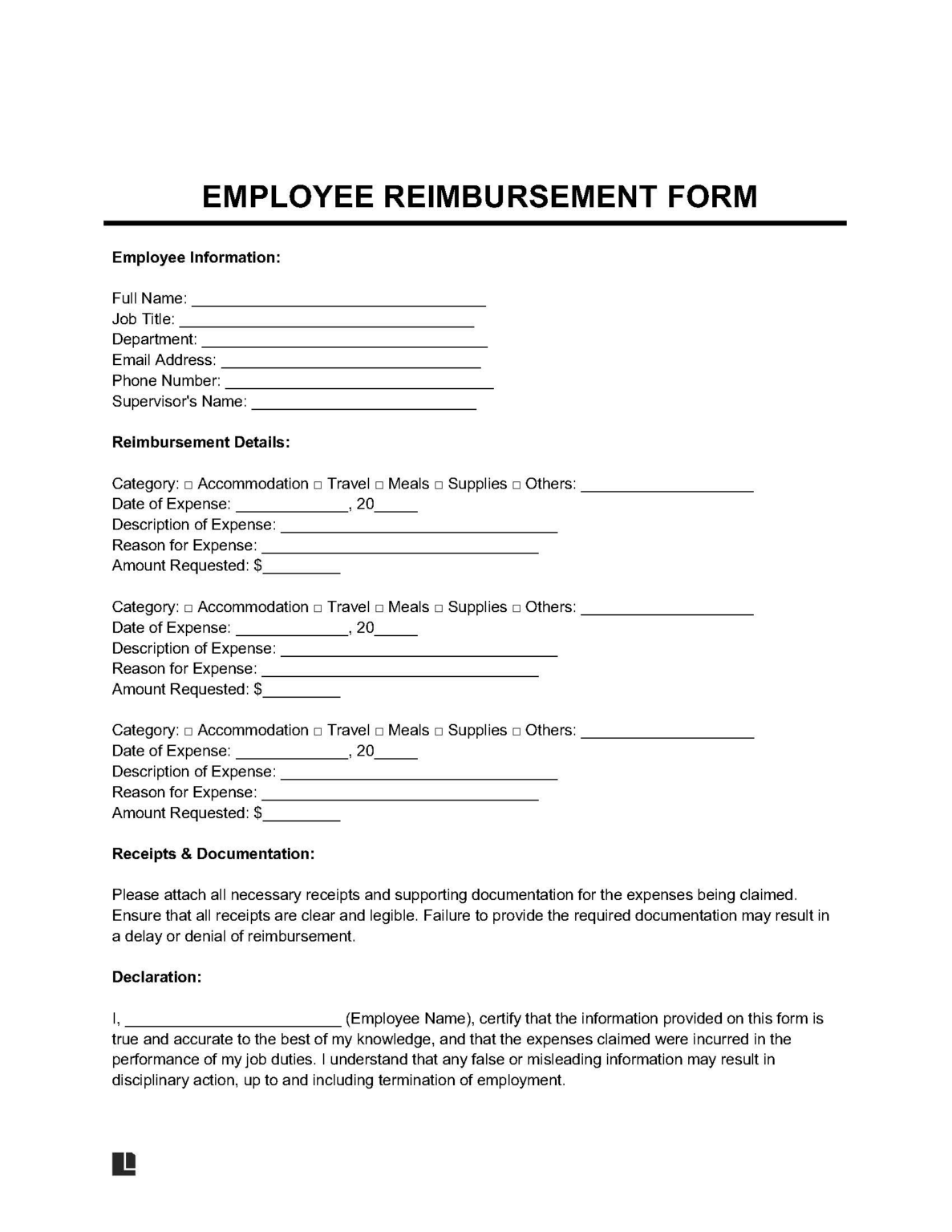 Free Employee (Expense) Reimbursement Form Legal Templates