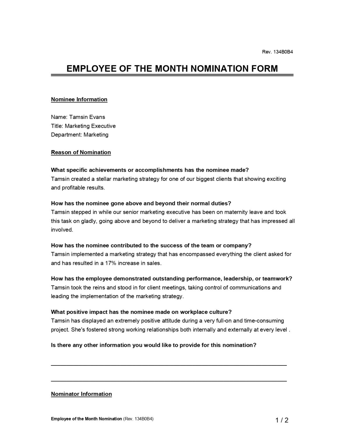 Employee of the Month Nomination Form Template PDF Word