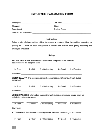 Employee Evaluation Form Screenshot