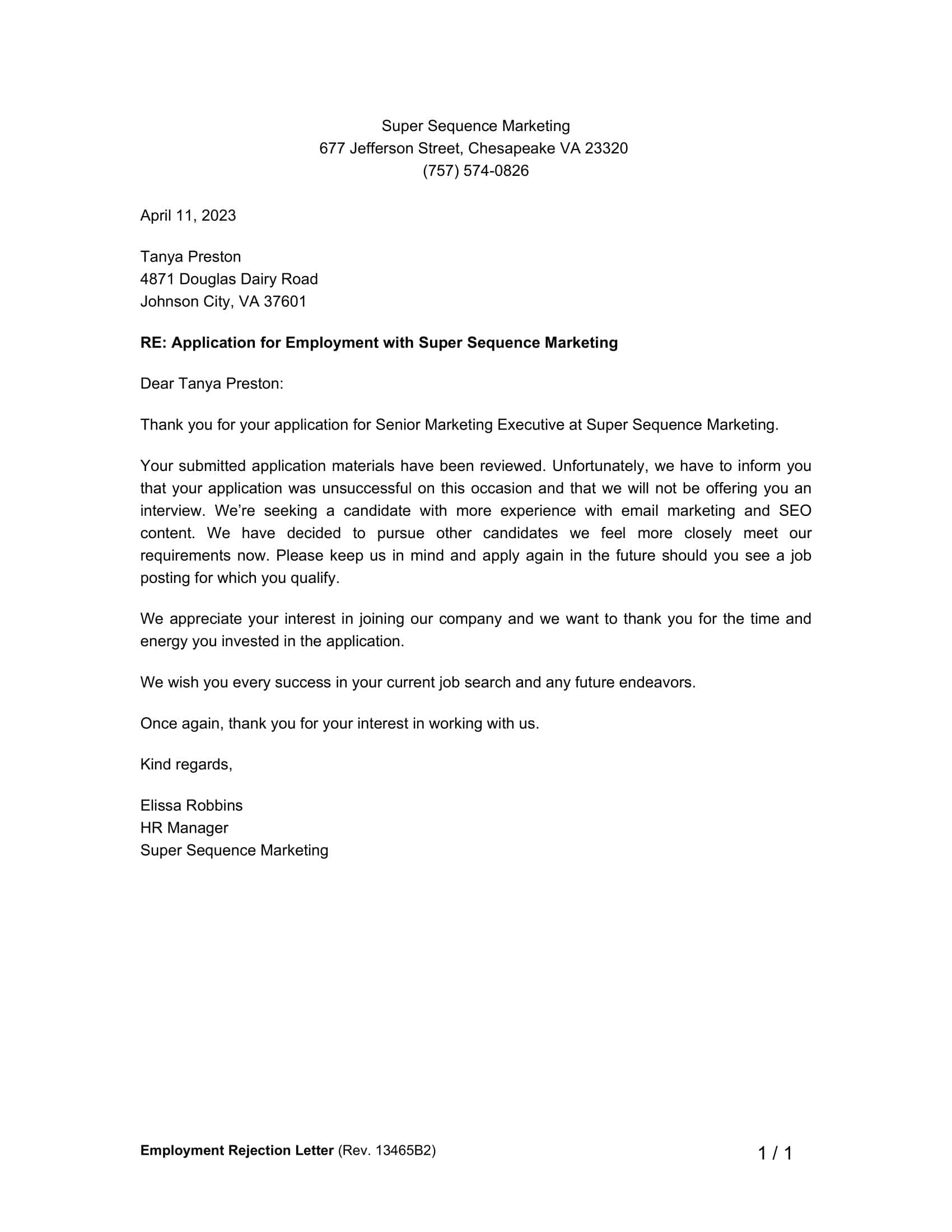 employment rejection letter example