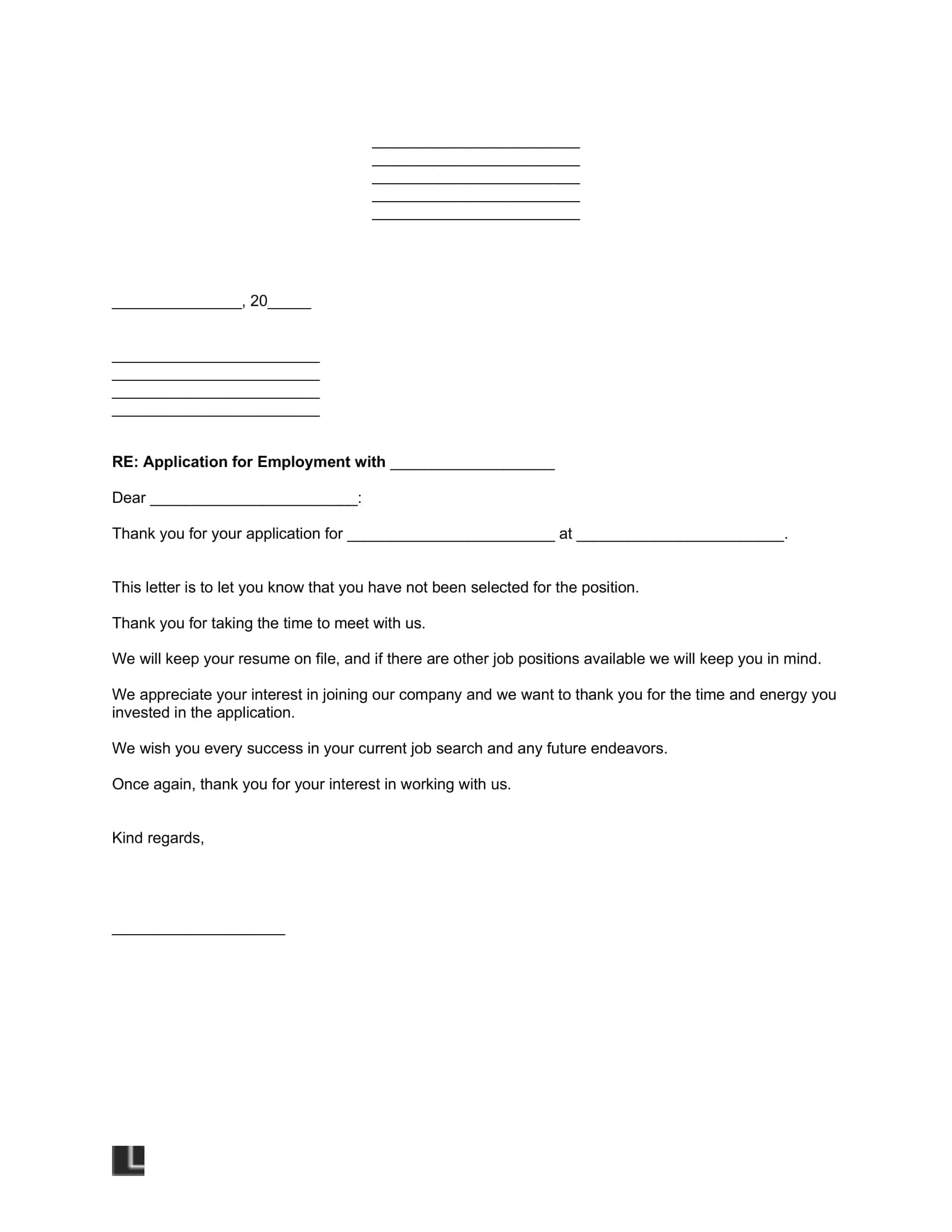 Free Employment Rejection Letter - PDF & Word | Legal Templates