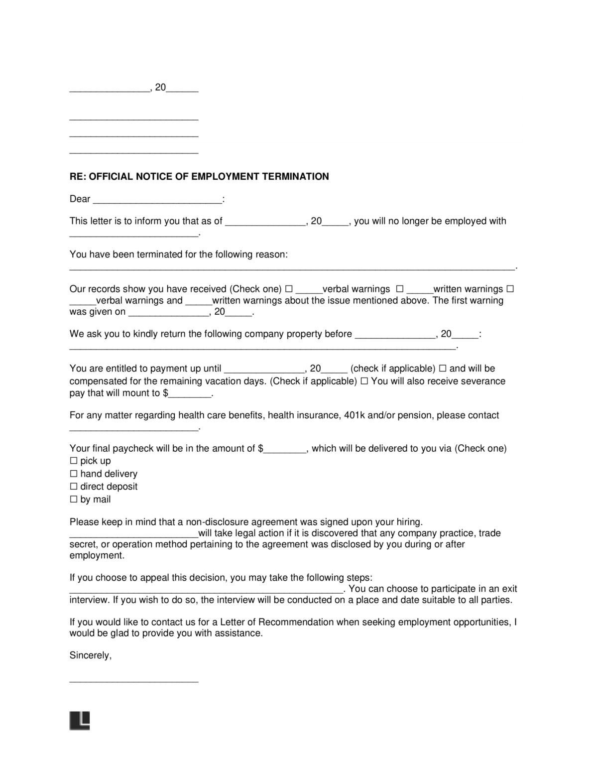 Free Employment Termination Letter Template PDF Word