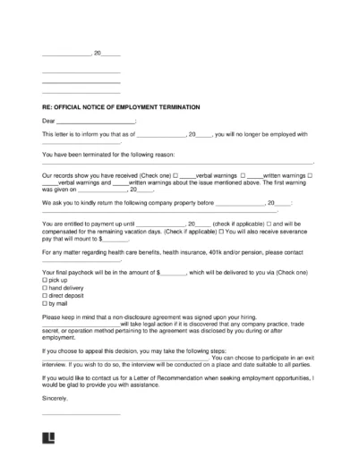 Employment Termination Letter Template