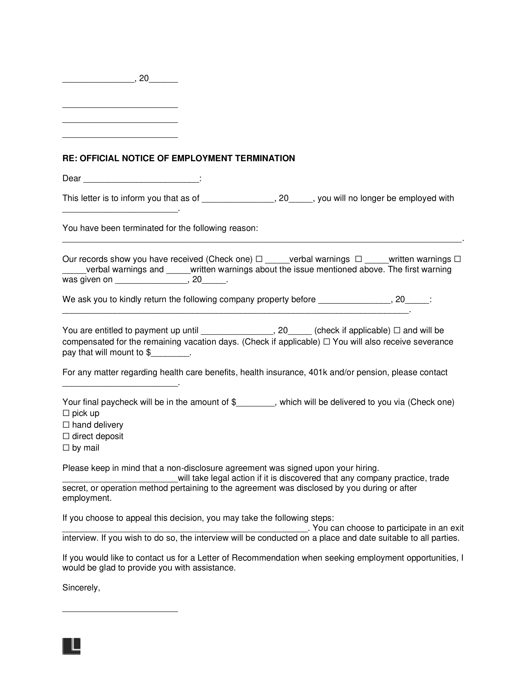 Employment Termination Letter Template