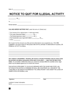 Eviction Notice to Quit for Illegal Activity Template